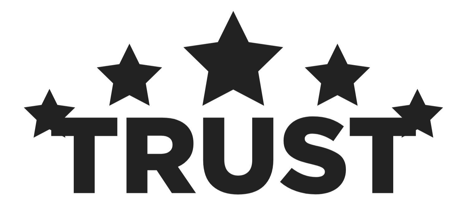Black &#39;TRUST&#39; text with five stars on a white background