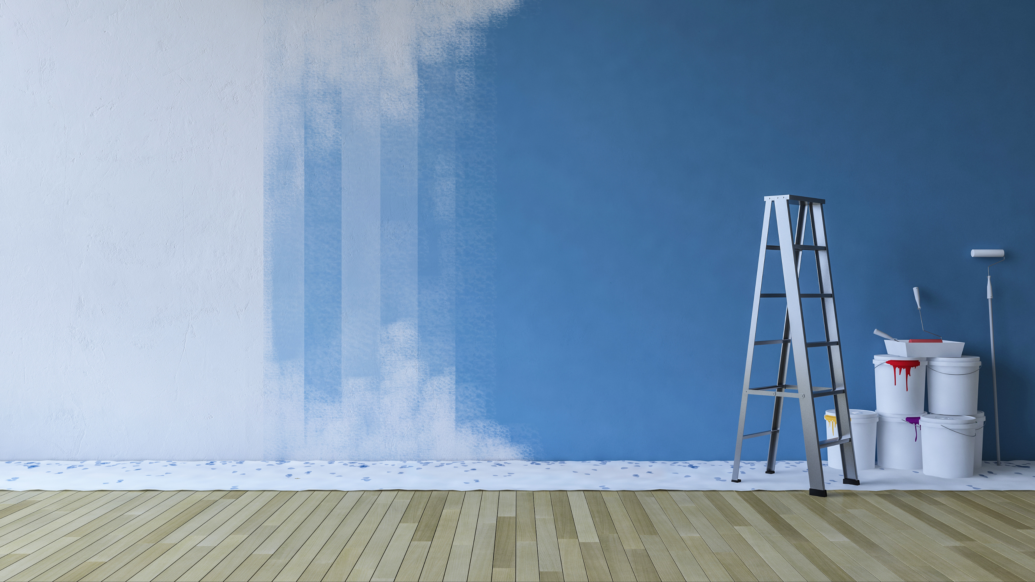 Room with a half-painted wall in blue, a ladder, and paint cans.