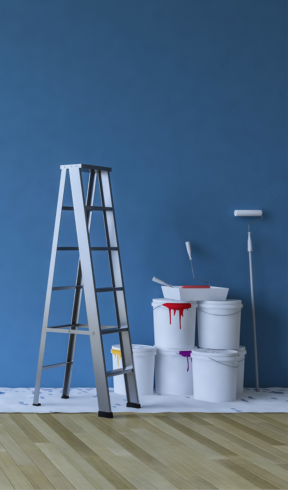 Painting supplies including a ladder, buckets, and a roller against a blue wall.