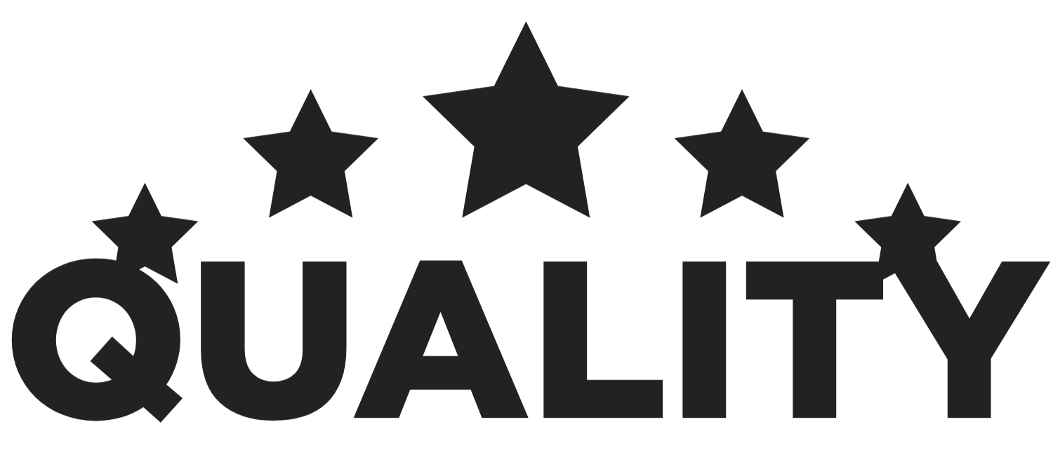 Black &#39;QUALITY&#39; text with five stars on a white background