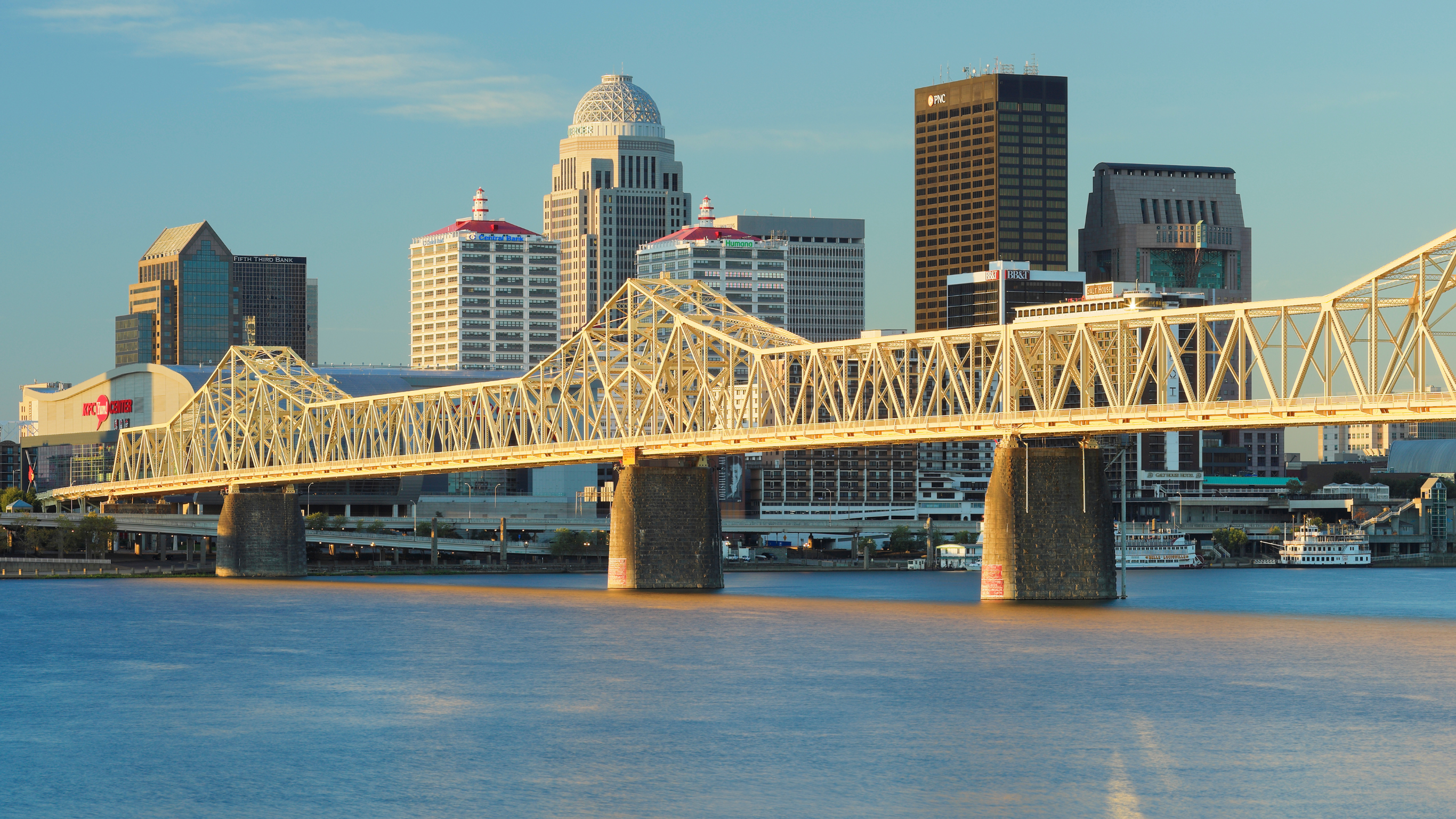 Louisville city skyline with a prominent bridge over water