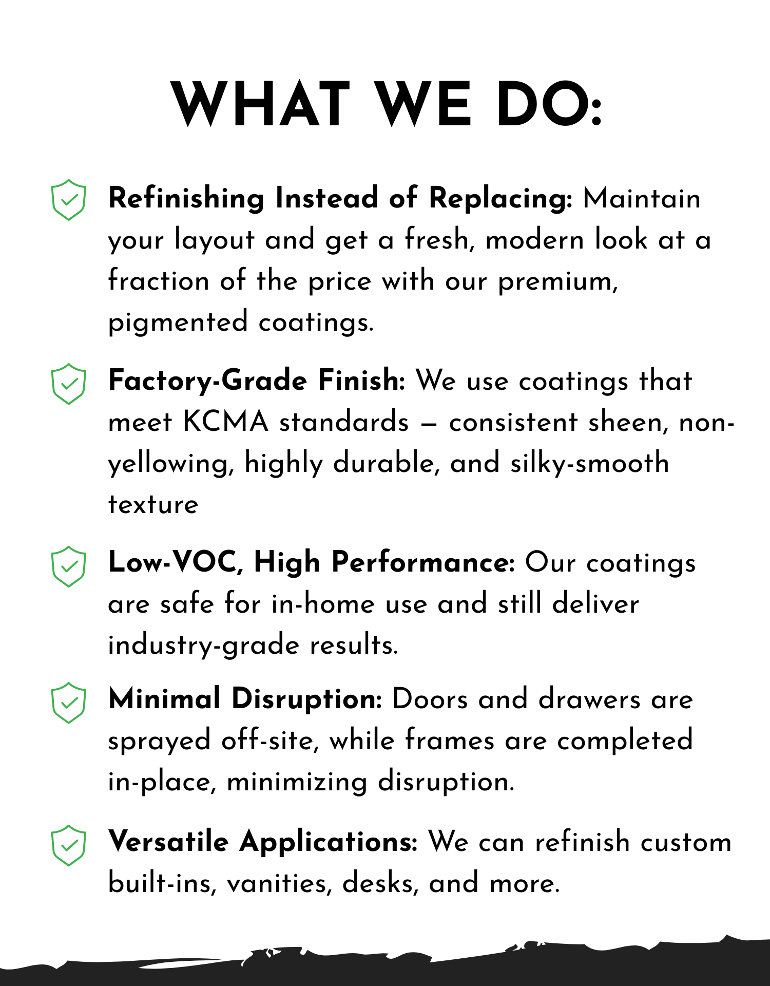 Text describing services offered, including refinishing, factory-grade finish, low-VOC coatings, two-part process, and versatile applications.