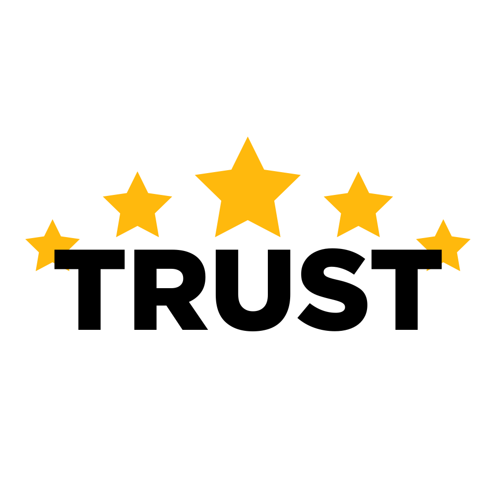 Five yellow stars above the word &#39;TRUST&#39; on a white background