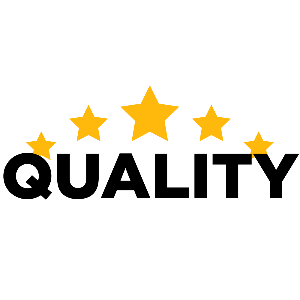 Five yellow stars above the word &#39;QUALITY&#39; on a white background