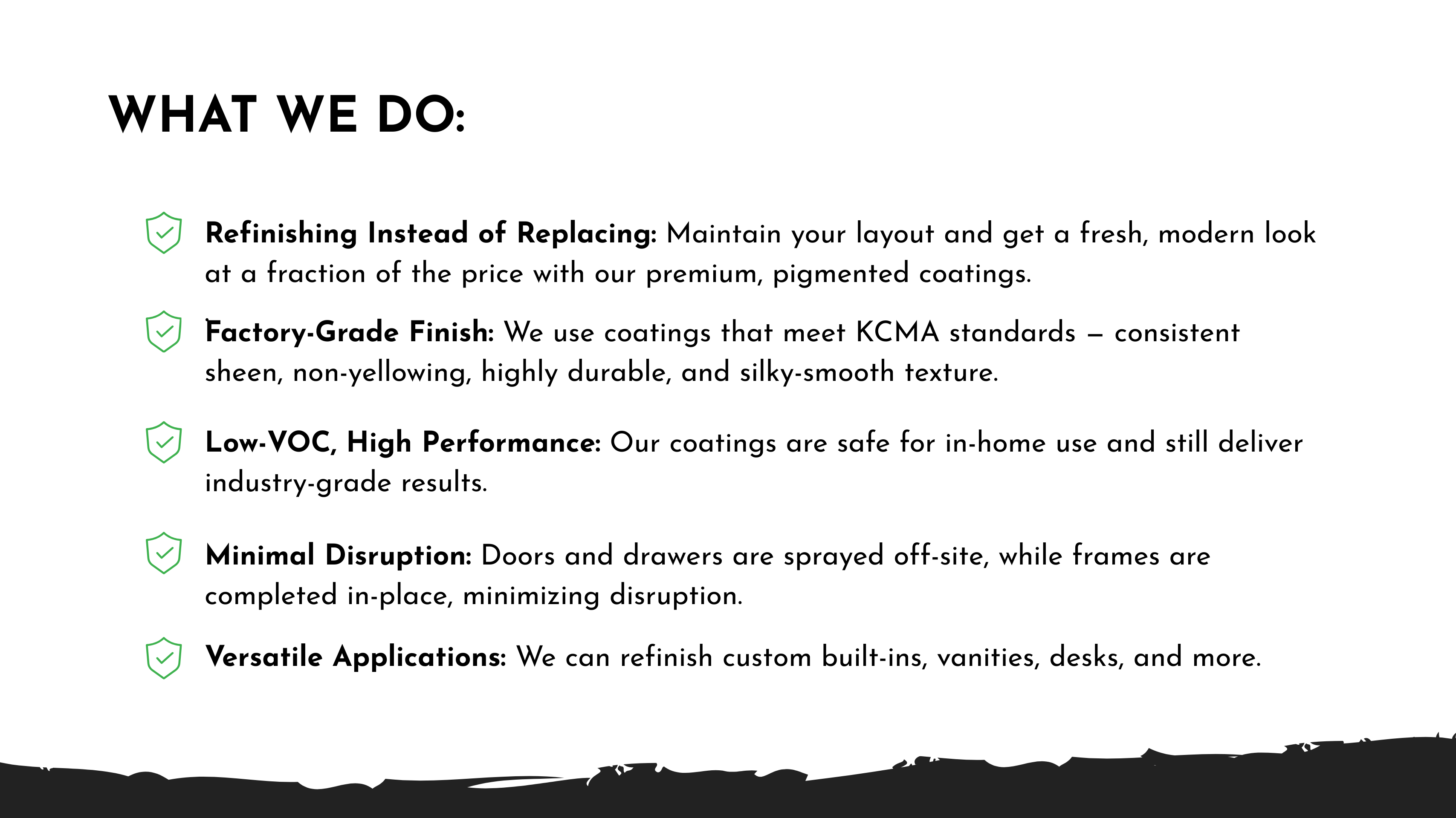 Text describing services offered, including refinishing, factory-grade finish, low-VOC coatings, two-part process, and versatile applications.